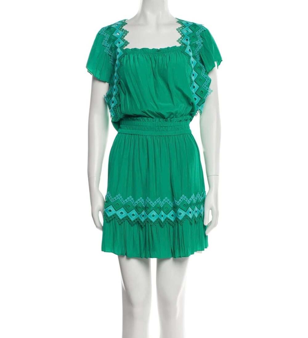 Ramy Brook Square Neckline Mini Dress Green Embroidered